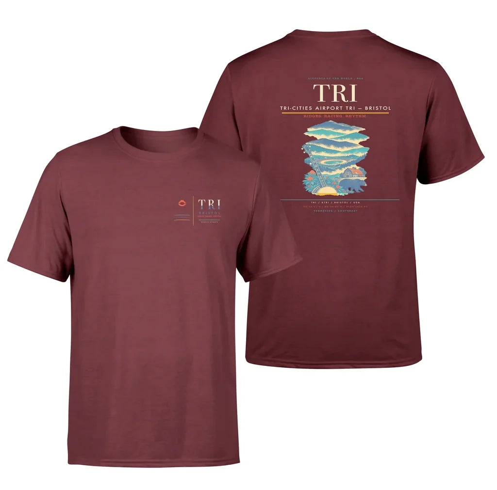 Tri-Cities Airport (TRI) design printed on dark red double-side t-shirt