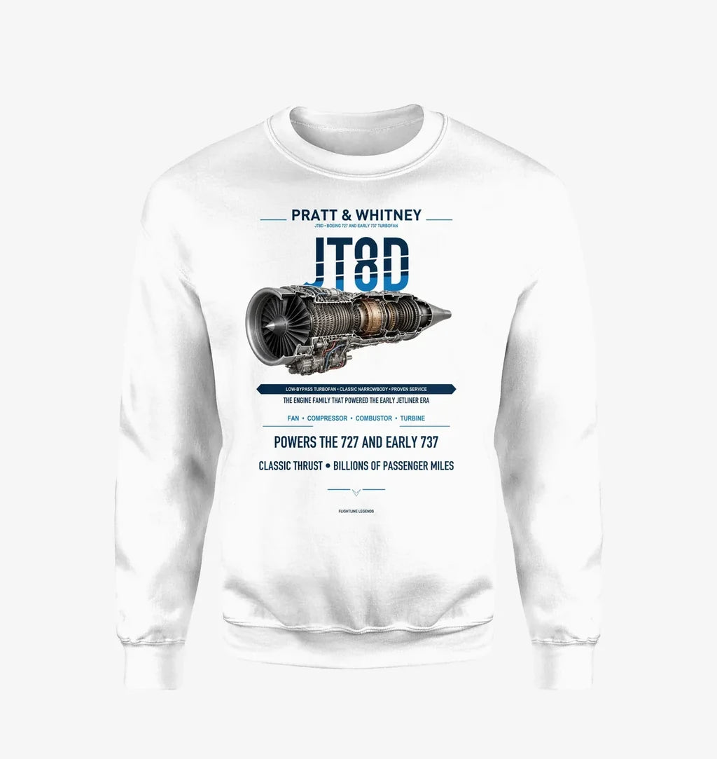 JT8D design on white sweatshirt