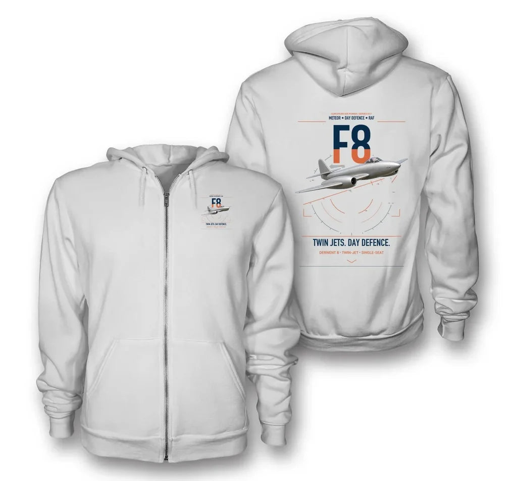 Gloster Meteor F8 design on white premium zipped hoodie, double-side print
