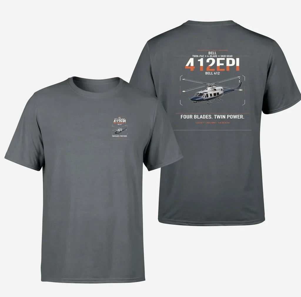Bell 412EPI design on gray t-shirt, double-side print
