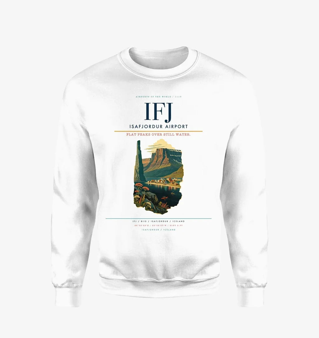 Isafjordur Airport (IFJ) design on white sweatshirt