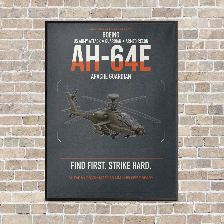 Boeing AH-64E Apache Guardian vertical canvas print - framed - gray background