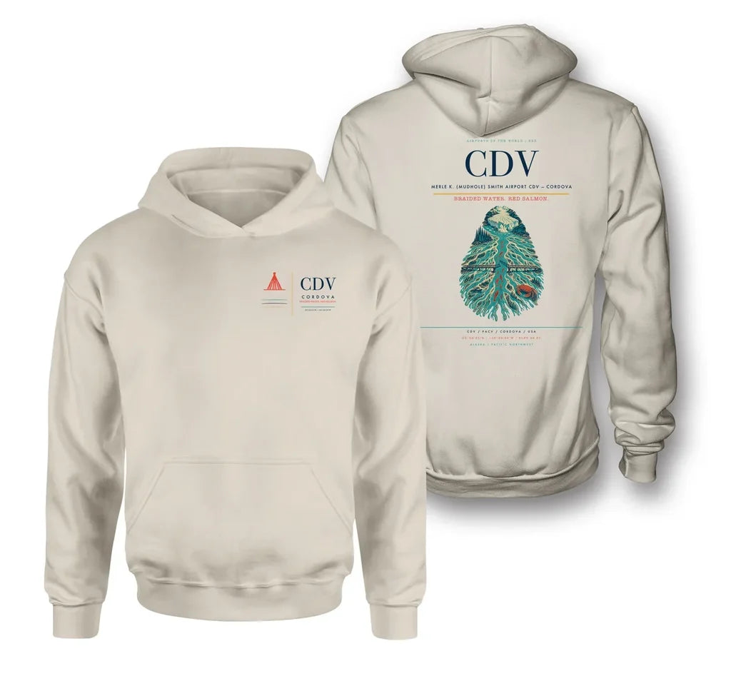 Merle K. (Mudhole) Smith Airport (CDV) design on khaki double-side hoodie