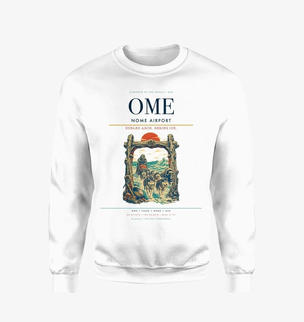 Nome Airport (OME) design on white sweatshirt