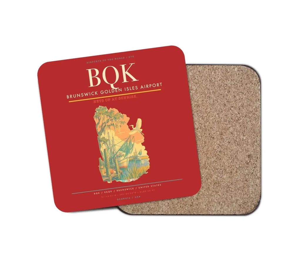 Brunswick Golden Isles Airport (BQK) design on red 1 piece coaster