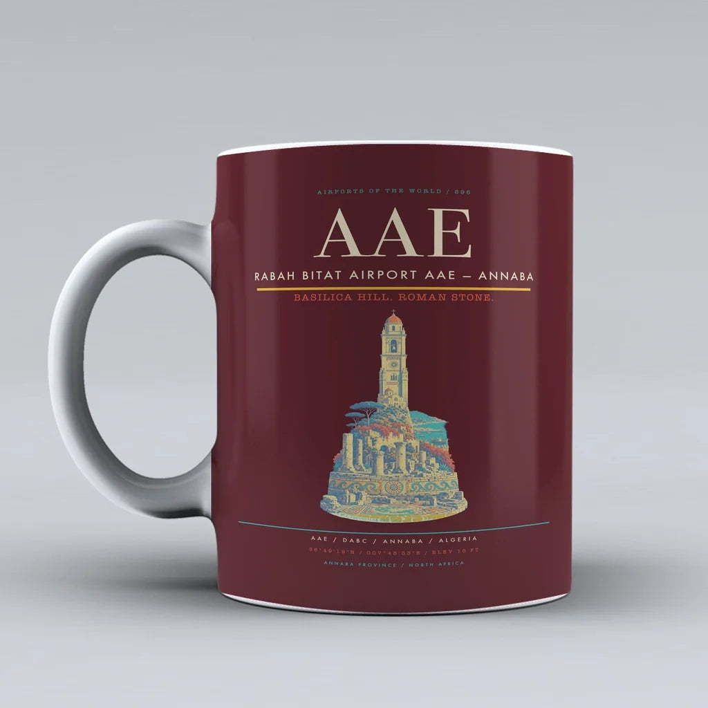 Bitat Airport AAE — Annaba Mug design on dark red rabah