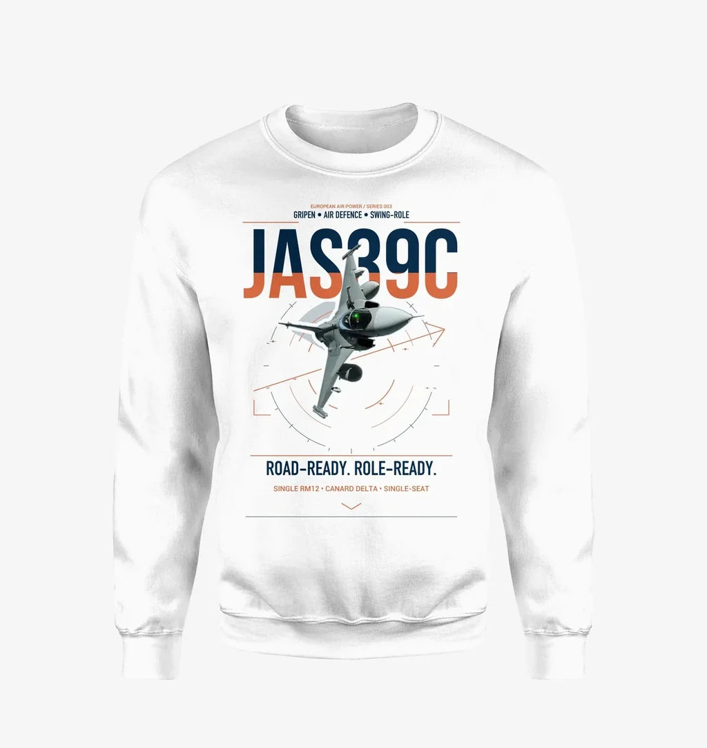 Saab JAS 39C Gripen design on white sweatshirt