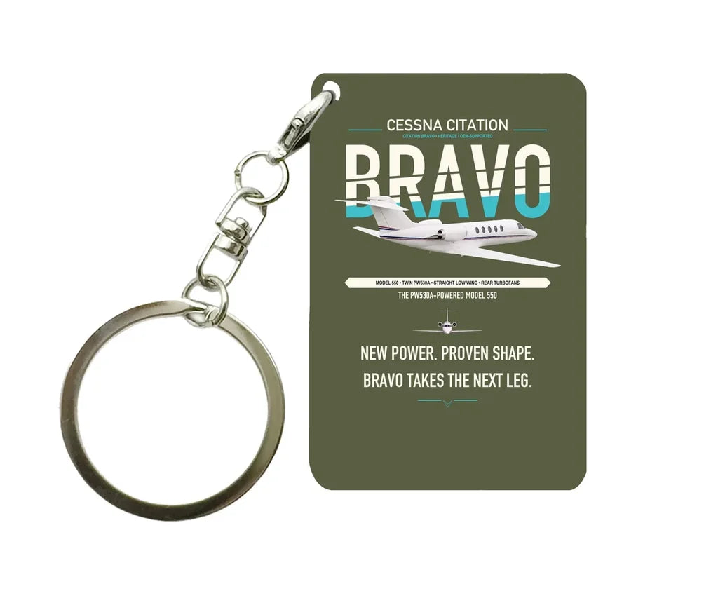 Cessna Citation Bravo design on green army designed key chain, double-side print