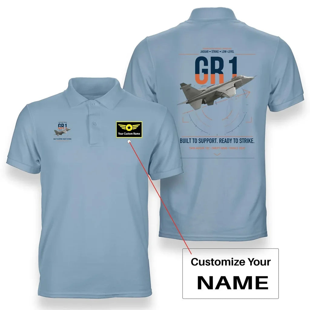 SEPECAT Jaguar GR1 design on light blue+name double-side polo t-shirt, double-side print