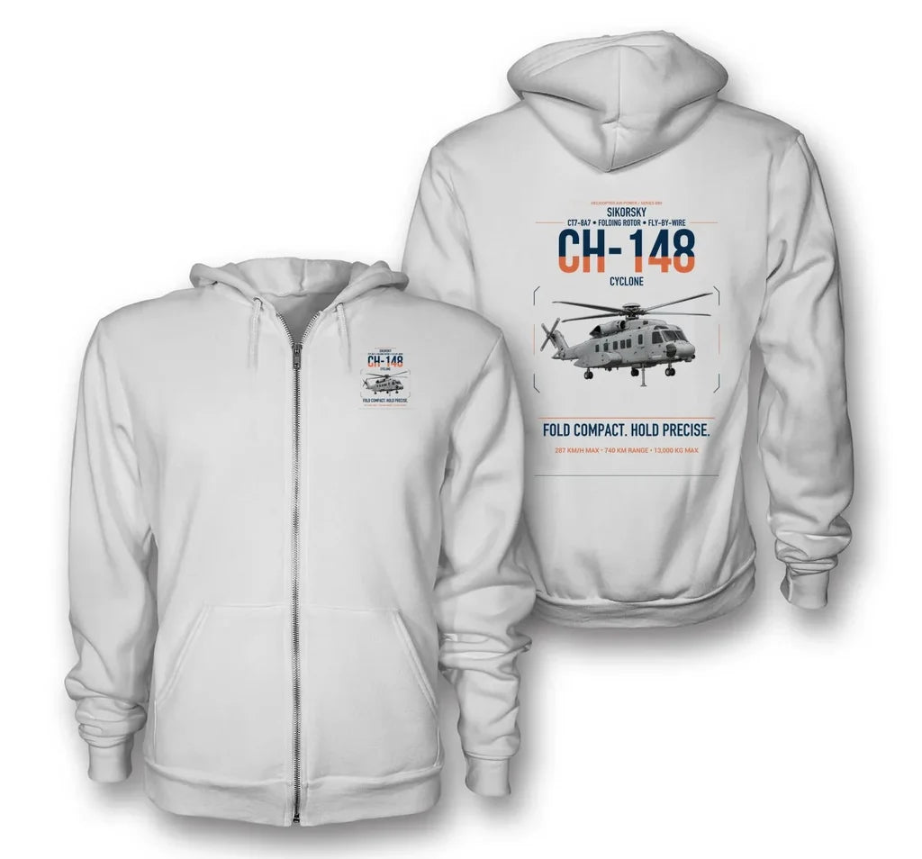 Sikorsky CH-148 Cyclone design on white premium zipped hoodie, double-side print