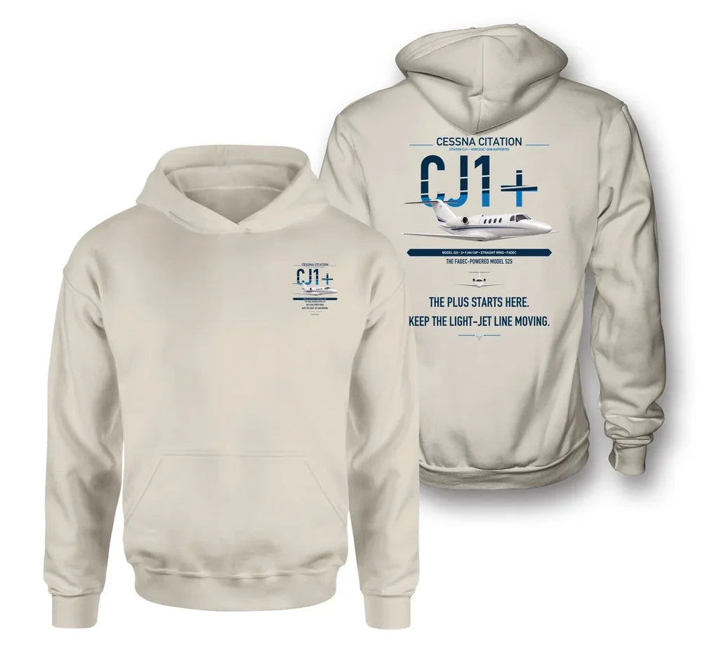 Cessna Citation CJ1+ design on khaki double-side hoodie, double-side print
