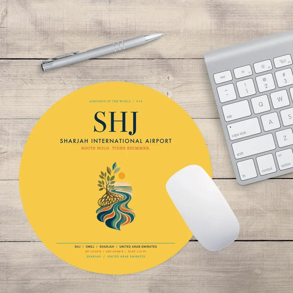Sharjah International Airport (SHJ) design on yellow round mouse pad