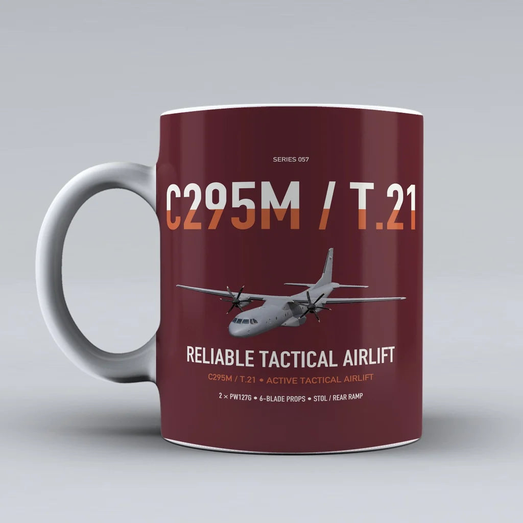 Airbus C295M T.21 design on dark red ceramic mug, double-side print