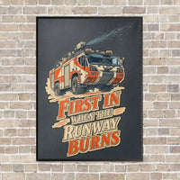 Thumbnail for First In When The Runway Burns vertical canvas print - framed - gray background