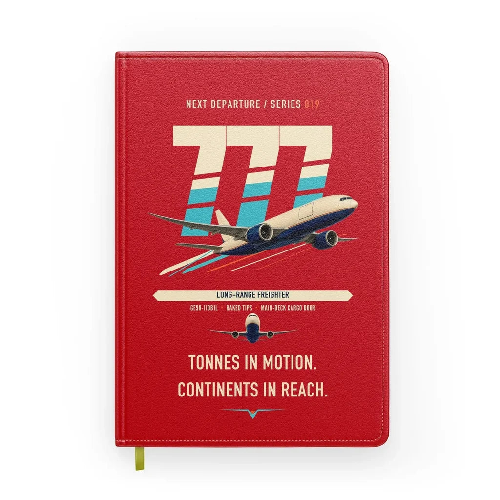 Boeing 777F design on red notebook