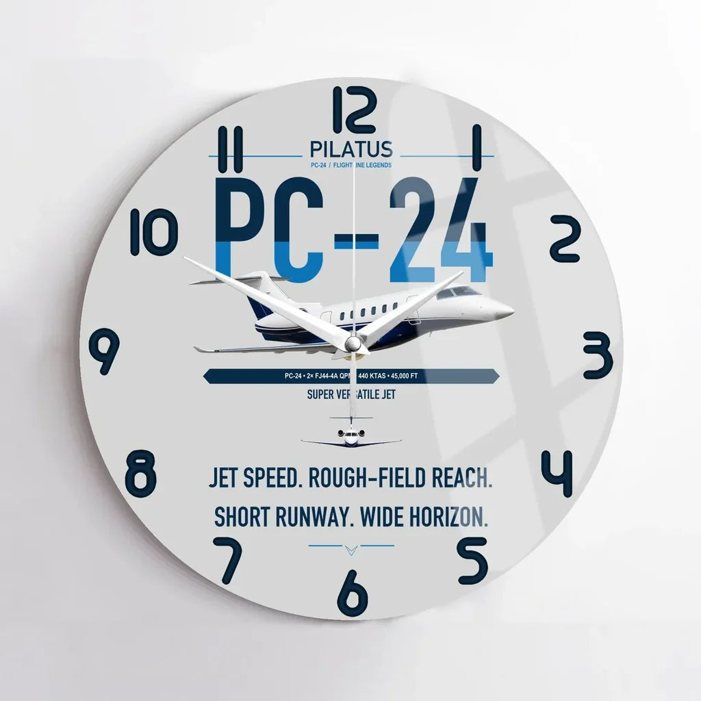 Pilatus PC-24 design on light gray no frame wall clock
