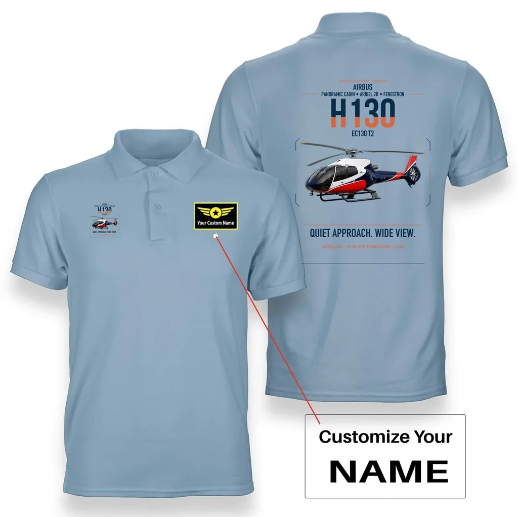 Airbus H130 design on light blue+name double-side polo t-shirt, double-side print