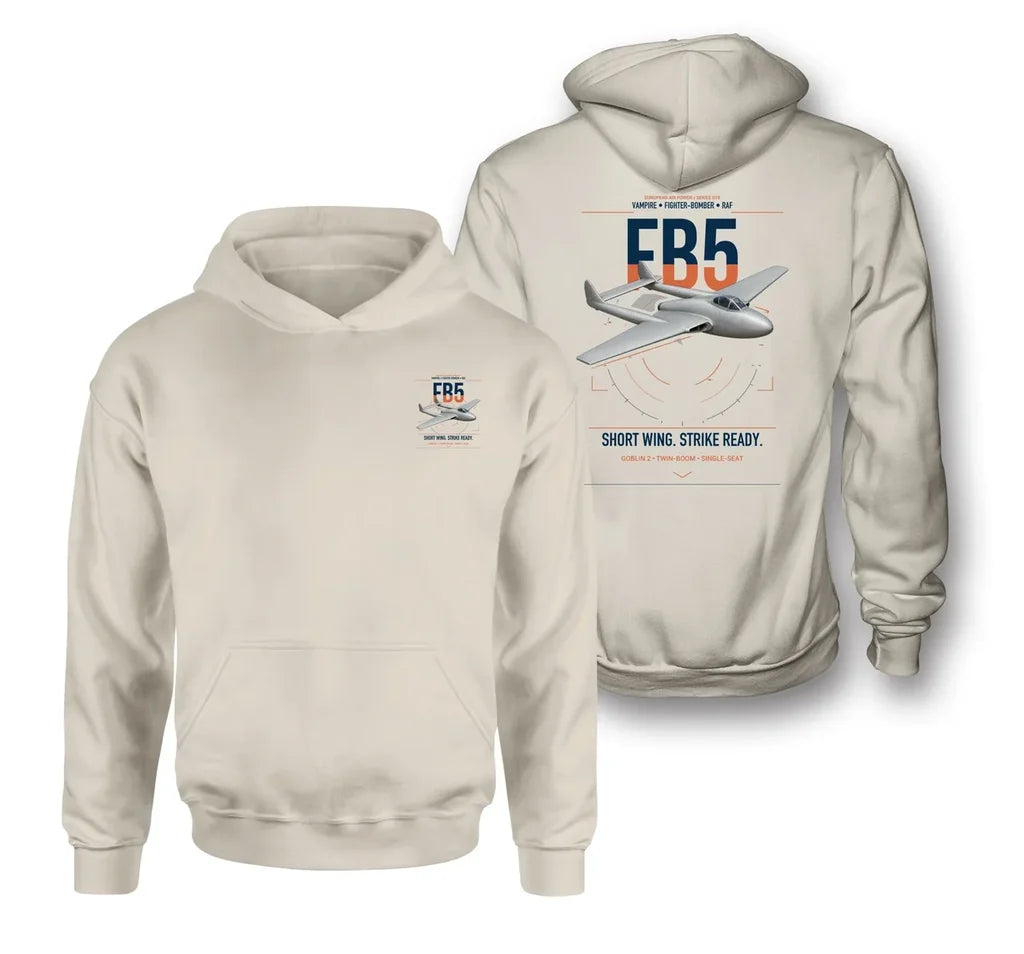 de Havilland Vampire FB5 design on khaki double-side hoodie, double-side print
