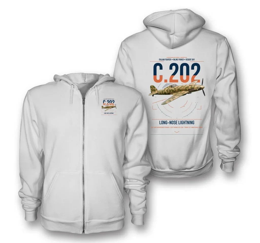 Macchi C.202 Folgore design on white premium zipped hoodie, double-side print