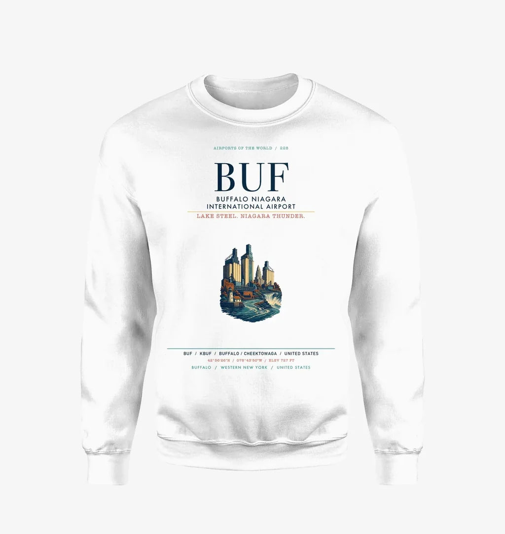 Buffalo Niagara International Airport (BUF) design on white sweatshirt