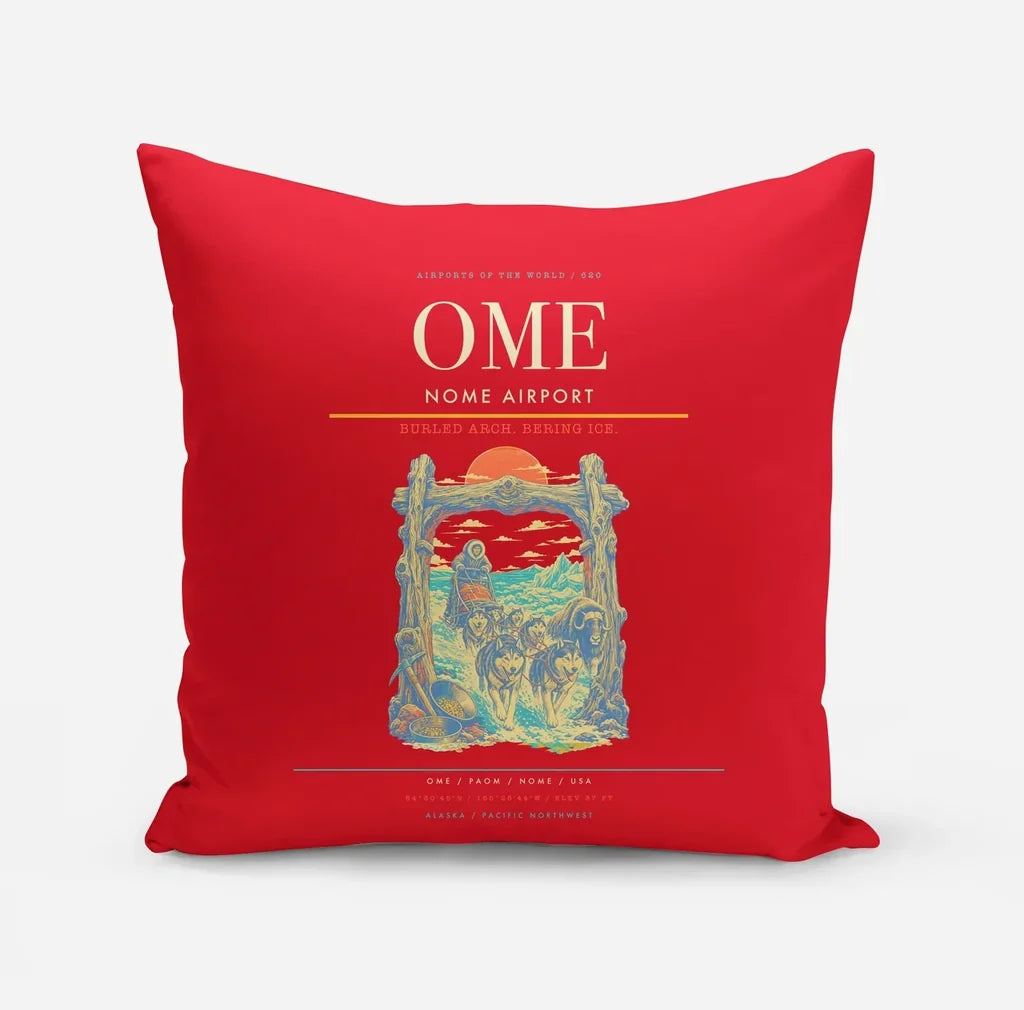 Nome Airport (OME) design on red pillow