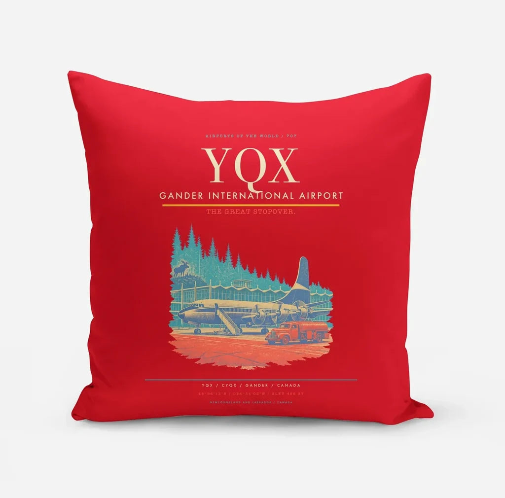 Gander International Airport (YQX) design on red pillow
