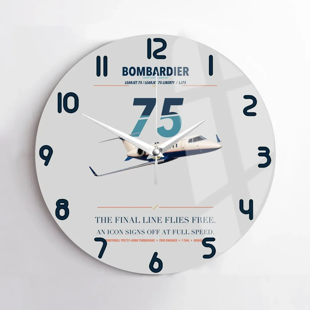 Bombardier Learjet 75 Liberty design on light gray no frame wall clock