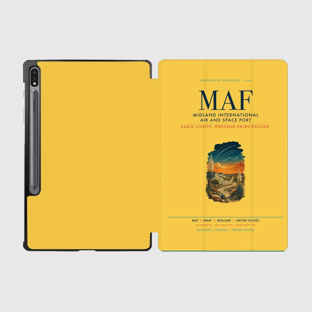 Midland International Air and Space Port (MAF) design on yellow samsung tablet tablet case