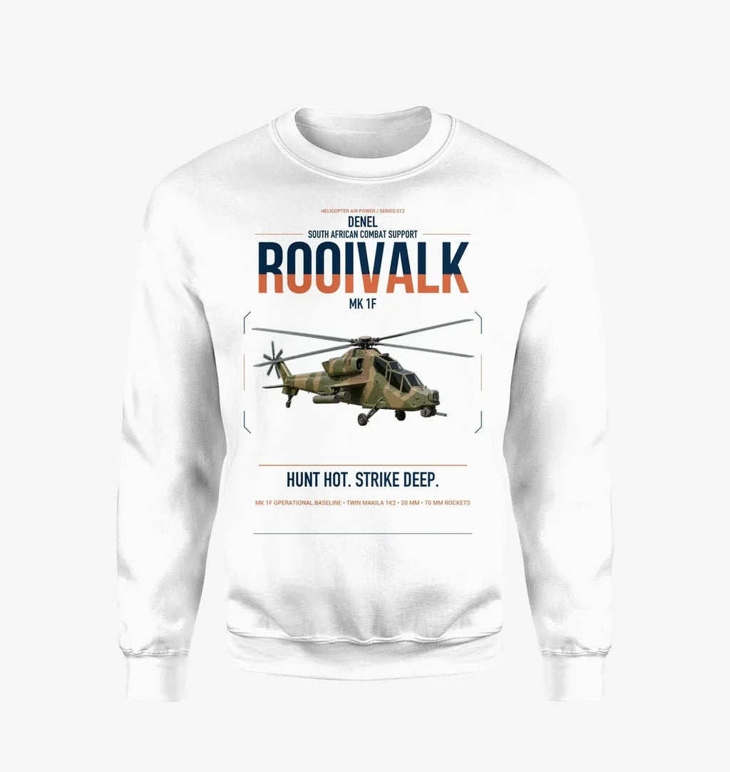 Denel Rooivalk Mk 1F design on white sweatshirt