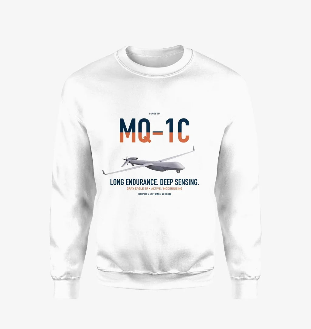 MQ-1C Gray Eagle ER design on white sweatshirt