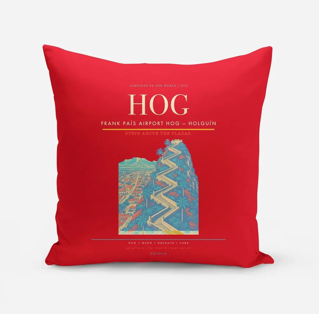 Frank País Airport (HOG) design on red pillow