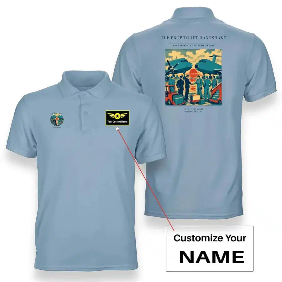 VINTAGE G4385 - The Prop To Jet Handshake - Double-Side Polo T-Shirt design on lightblue+name