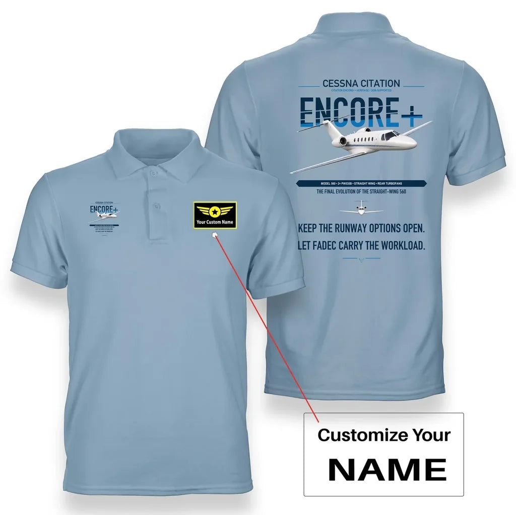 Cessna Citation Encore+ design on light blue+name double-side polo t-shirt, double-side print
