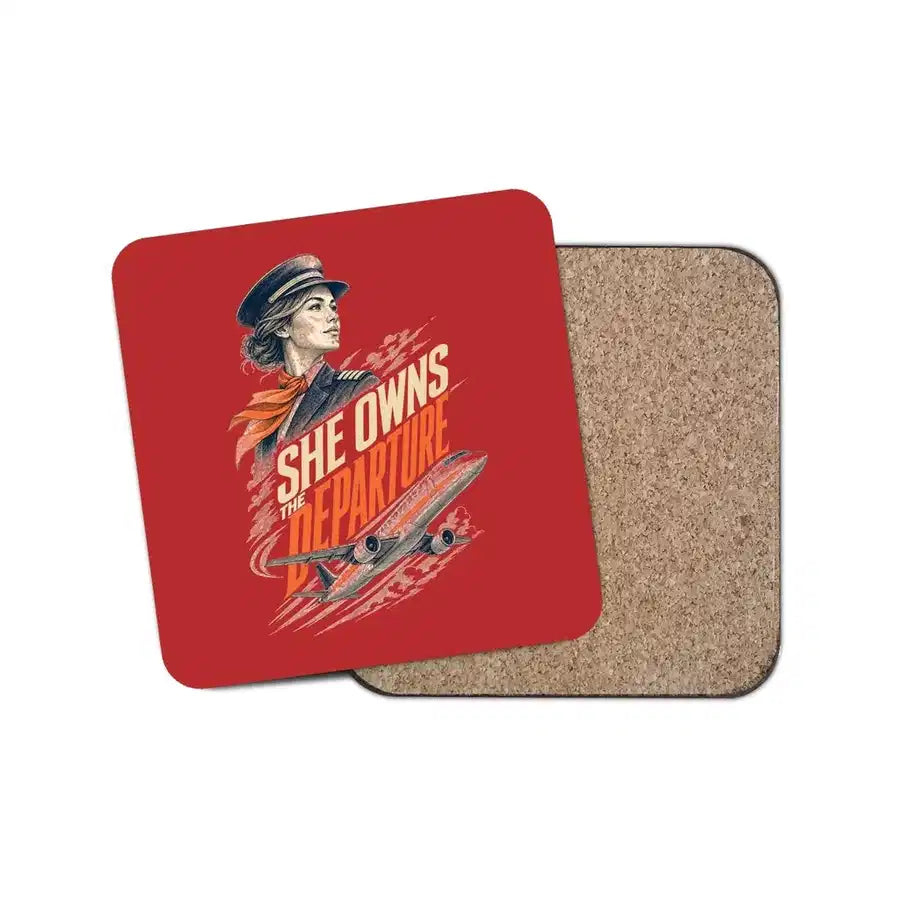 She Owns The Departure design on red 1 piece coaster