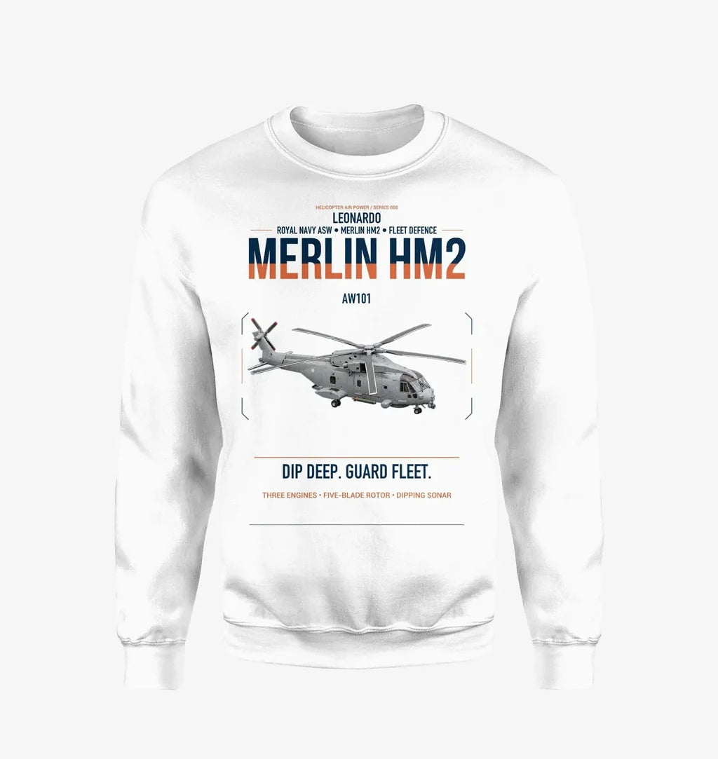 Leonardo AW101 Merlin HM2 design on white sweatshirt