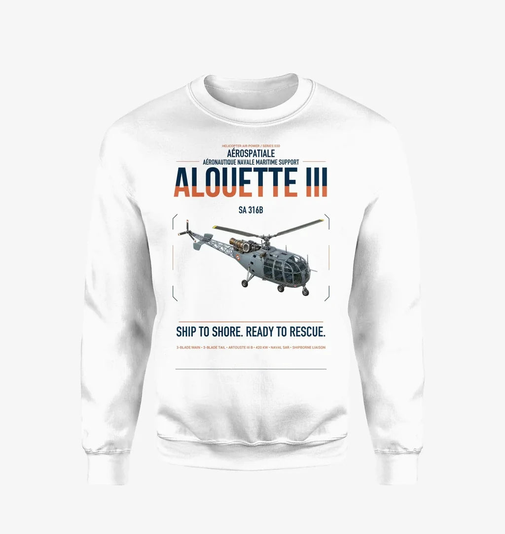 Aérospatiale SA 316B Alouette III design on white sweatshirt