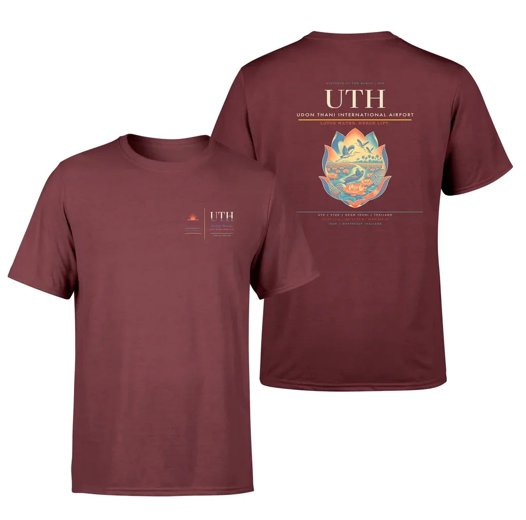 Udon Thani International Airport (UTH) design printed on dark red double-side t-shirt