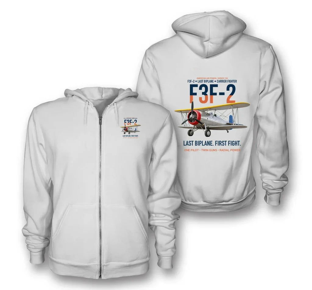 F3F-2 LAST BIPLANE design on white zipped hoodie