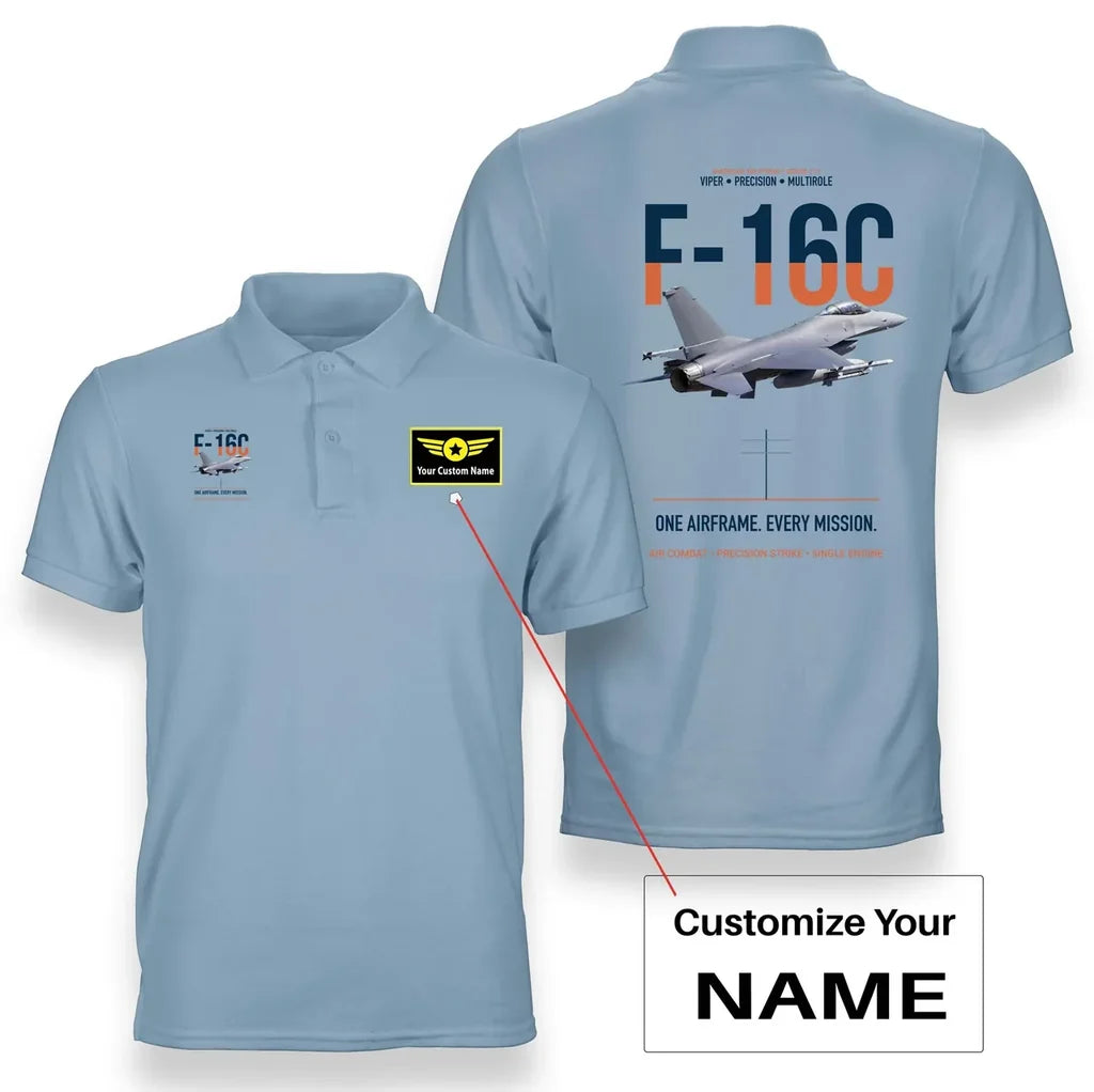 F-16C FIGHTING FALCON design on light blue polo with custom name badge