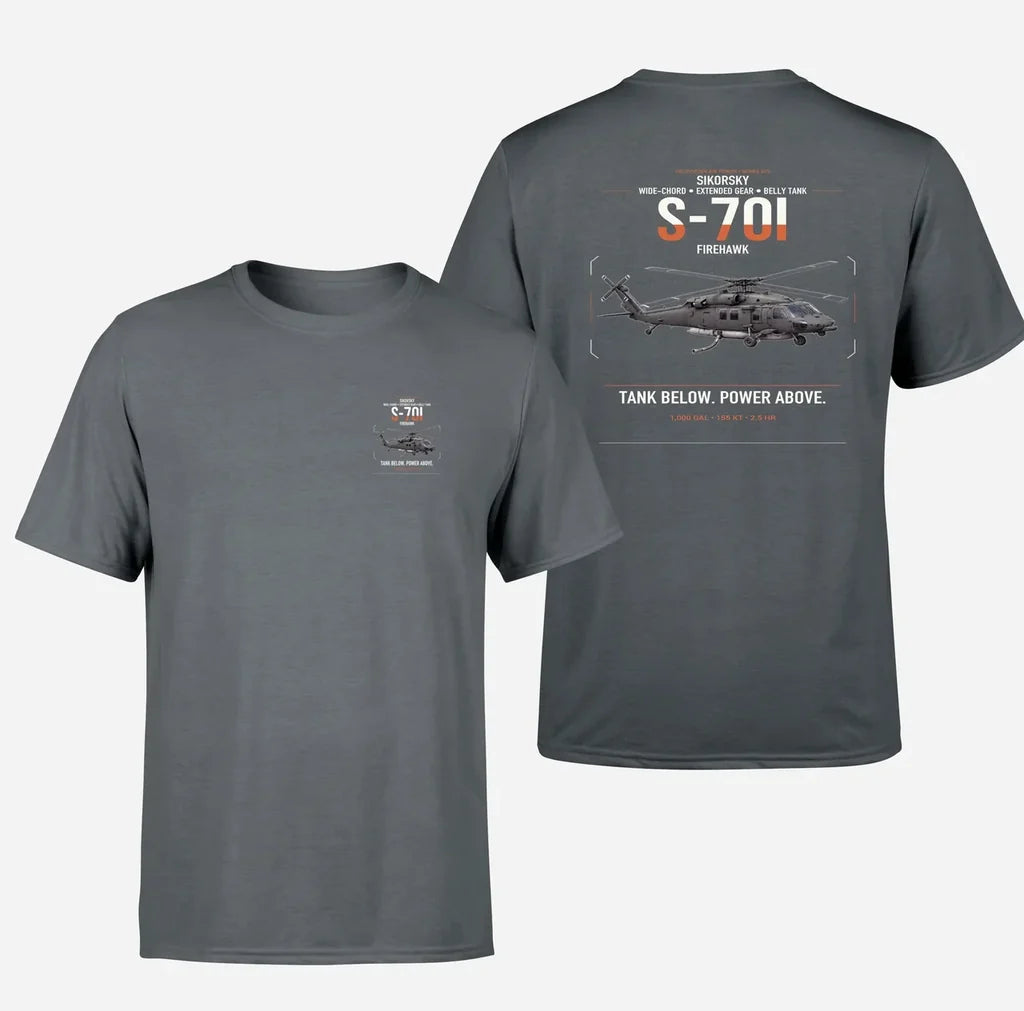 Sikorsky S-70i FIREHAWK design on gray t-shirt, double-side print