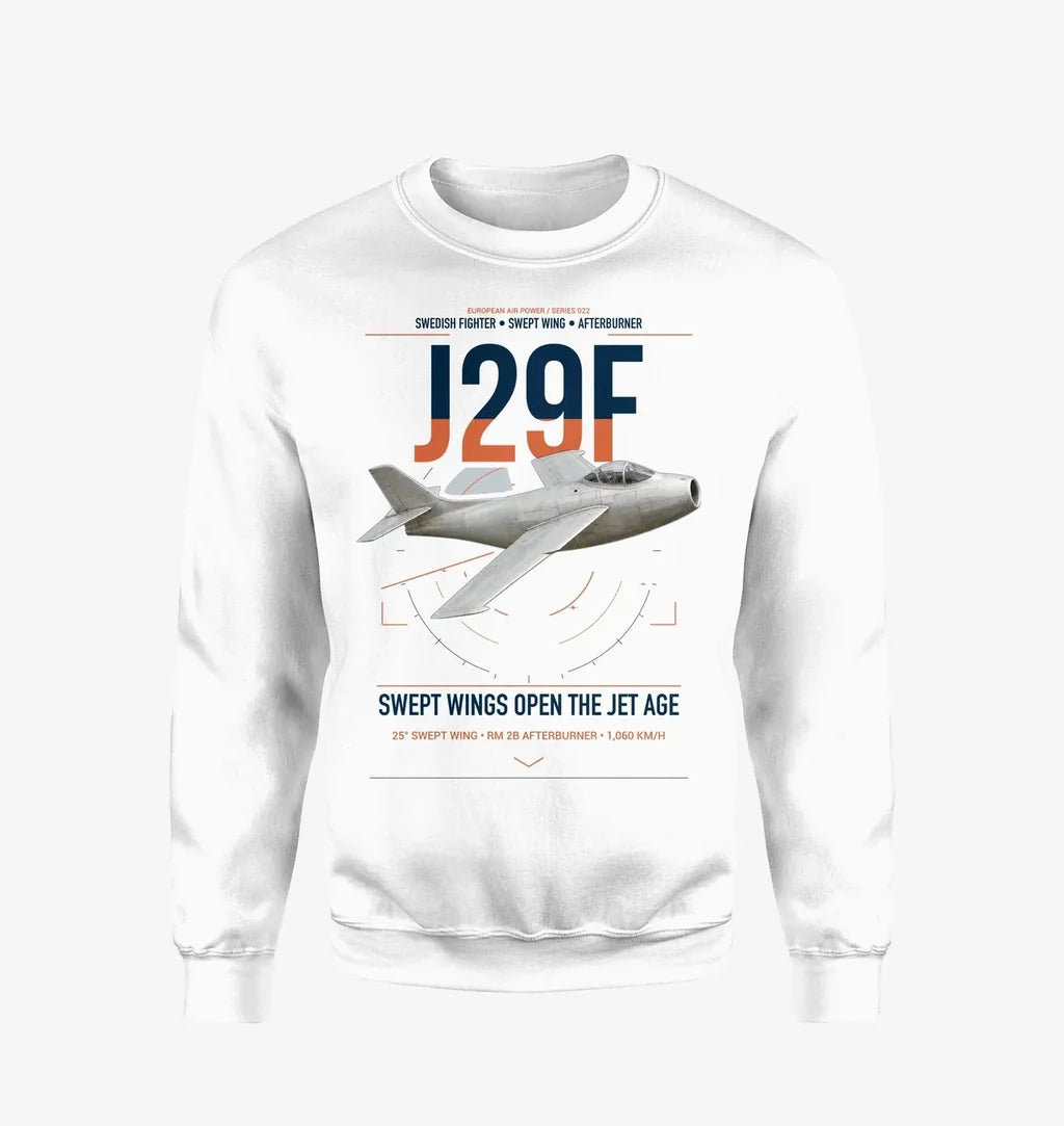 Saab J 29F Tunnan design on white sweatshirt
