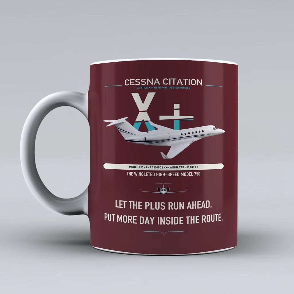 Cessna Citation X+ design on dark red ceramic mug, double-side print