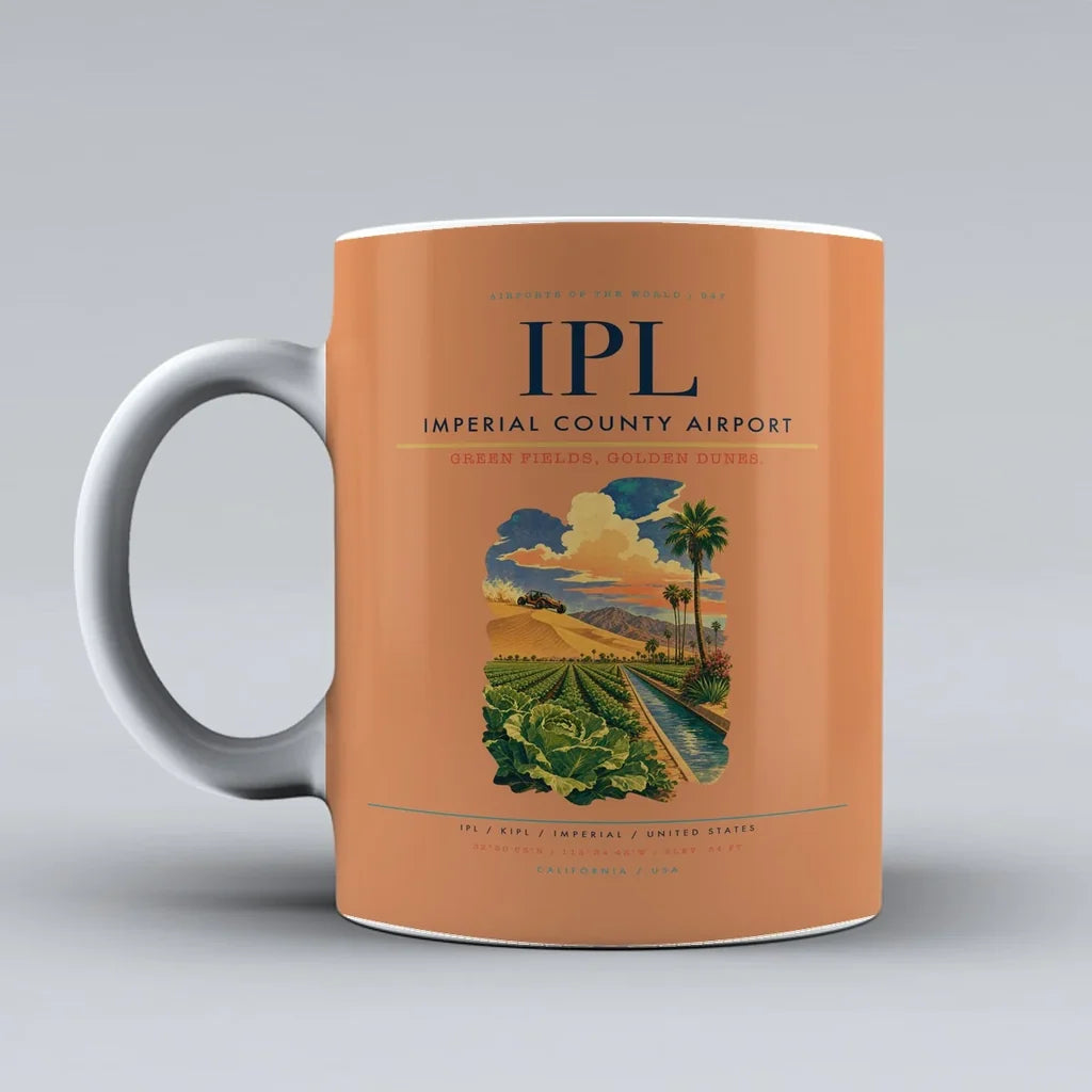 Imperial County Airport (IPL) airport code design on orange ceramic mug