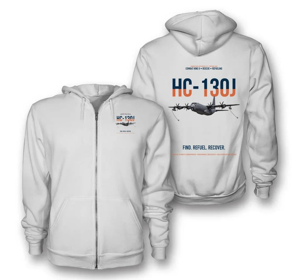 HC-130J COMBAT KING II design on white premium zipped hoodie, double-side print