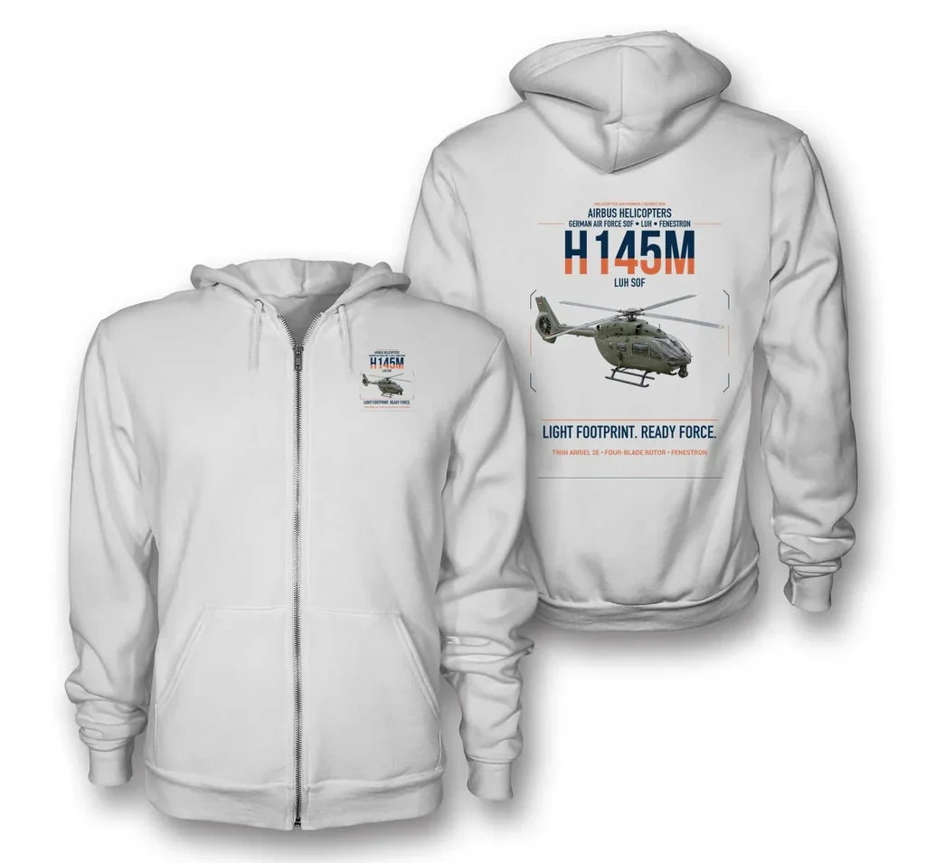 Airbus Helicopters H145M LUH SOF design on white premium zipped hoodie, double-side print