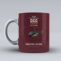 Thumbnail for Robinson R66 design on dark red ceramic mug, double-side print