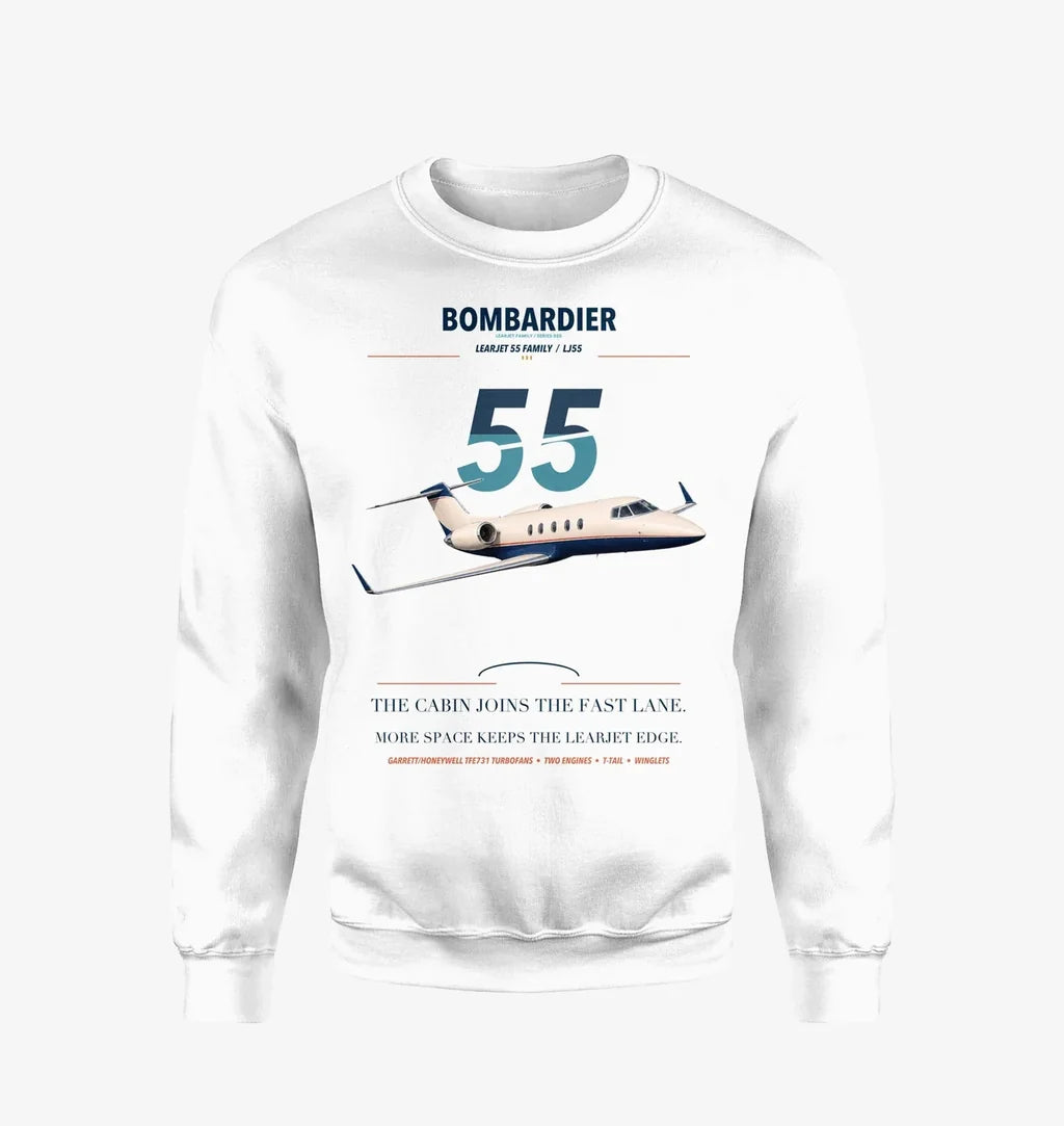 Bombardier Learjet 55 design on white sweatshirt
