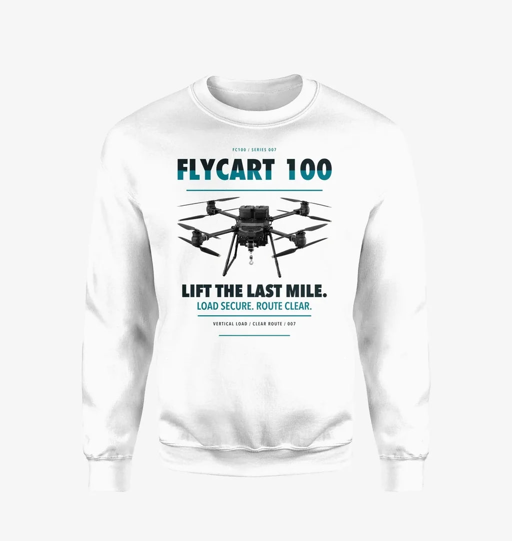DJI FlyCart 100 design on white sweatshirt