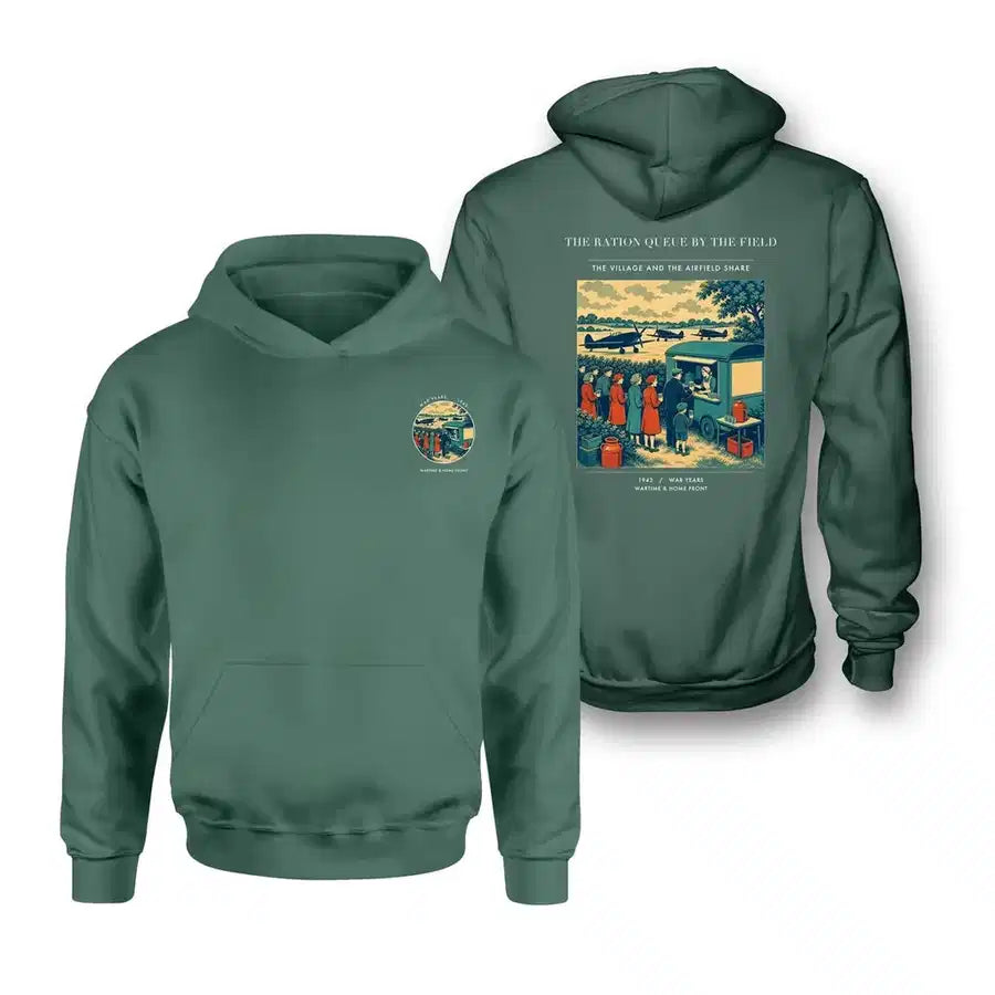 VINTAGE G4522 - The Ration Queue By The Field - Double-Side Hoodie design on green double side