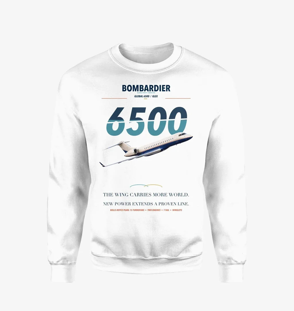 Bombardier Global 6500 design on white sweatshirt